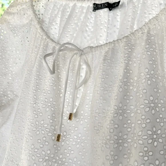 Lauren Ralph Lauren White Cotton Sleeve Peasant Blouse Size Large EUC like new - Picture 7 of 12